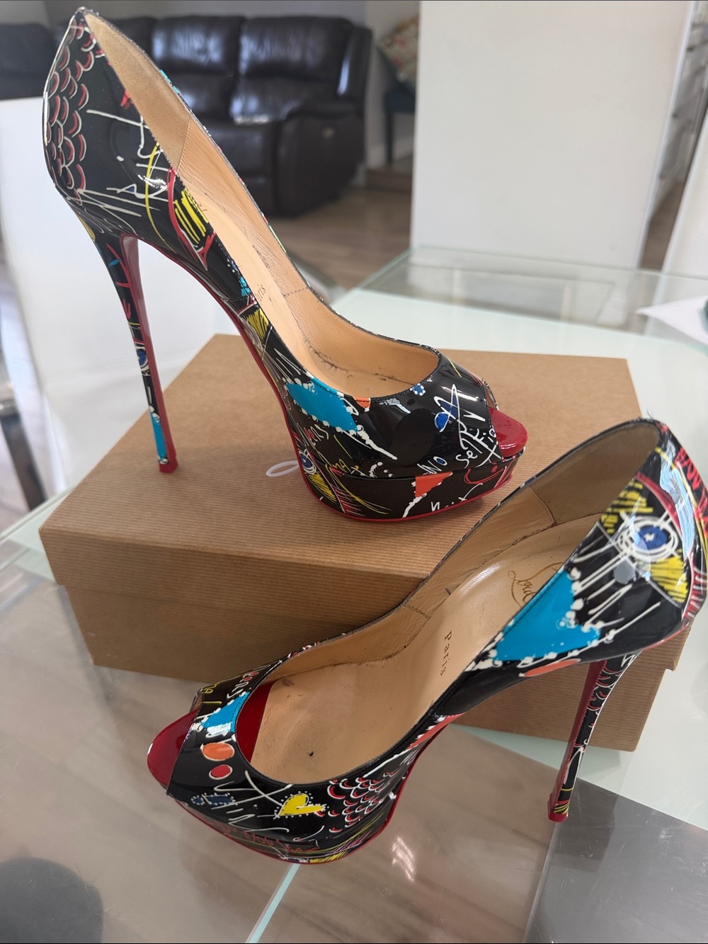 Christian Louboutin Black Multicolor Graffiti Patent Peep-Toe Pumps